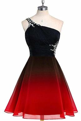 Picture of Red Color and Black Color One Shoulder Chiffon Beaded Homecoming Dresses, Gradient Short Prom Dresses